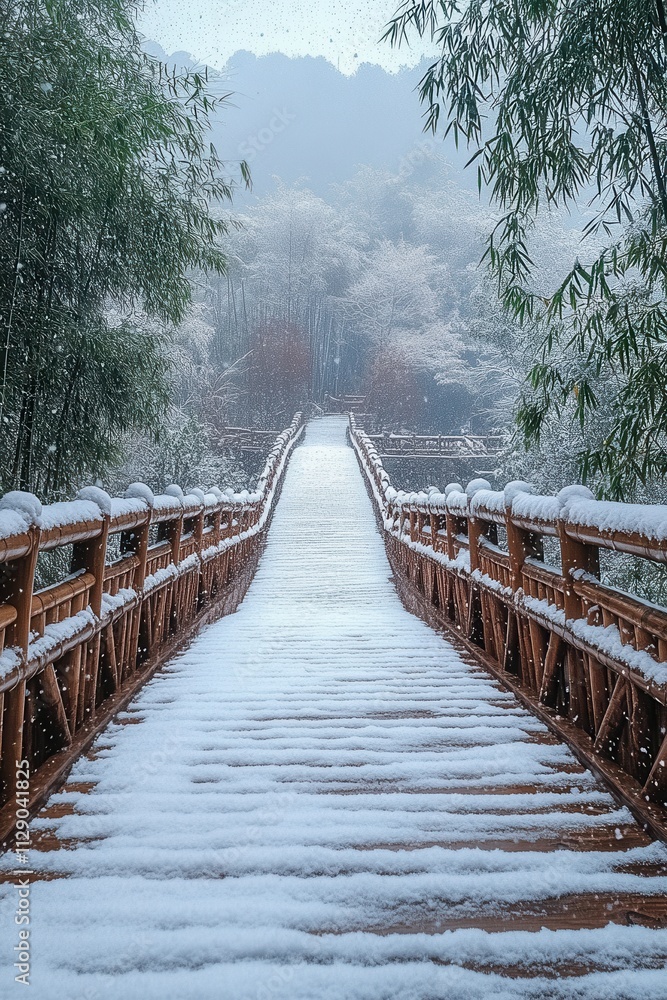 Fototapeta premium Snow-covered wooden bridge leading through a bamboo forest in winter frost