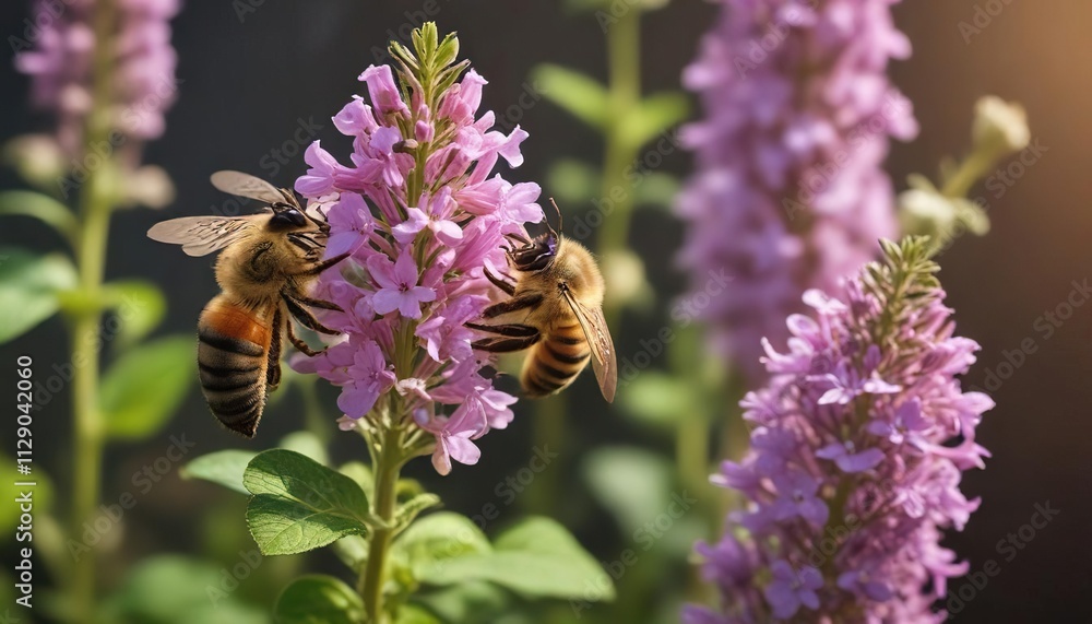 Honey bee drinking nectar from oregano flower, greenery, nectar, nature Honey bee drinking nectar from oregano flower, greenery, nectar, nature