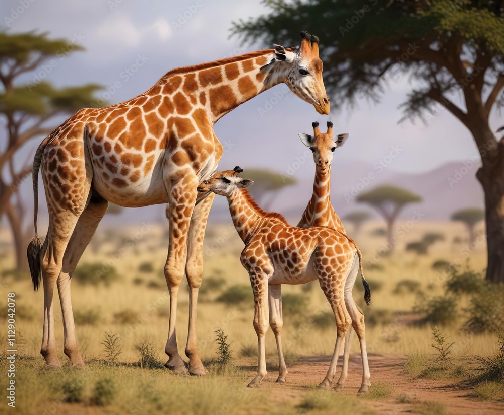 A giraffe mother gently guiding her calf through the savannah, wild adventure, natural navigation, wildlife discovery A giraffe mother gently guiding her calf through the savannah, wild adventure, natural navigation, wildlife discovery