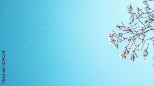  Minimalist winter scene with snow-covered branches against clear blue sky, delicate texture, wide-angle, natural light, static comp, white space, pure tone, high def