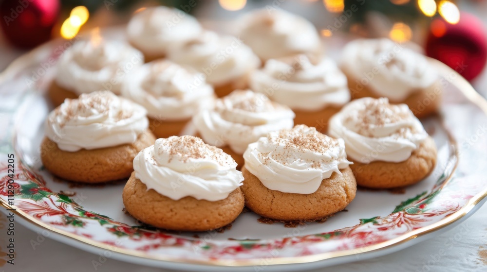 Close-up of frosted gingerbread cookies on a holiday plate Close-up of frosted gingerbread cookies on a holiday plate