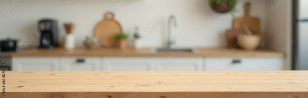 A wood table top is set against a blurred kitchen counter background for a product display or design visual concept._00001_ A wood table top is set against a blurred kitchen counter background for a product display or design visual concept._00001_
