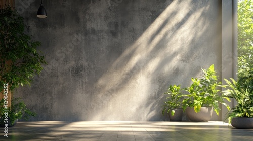 Sunlit Interior with Greenery and Concrete Wall