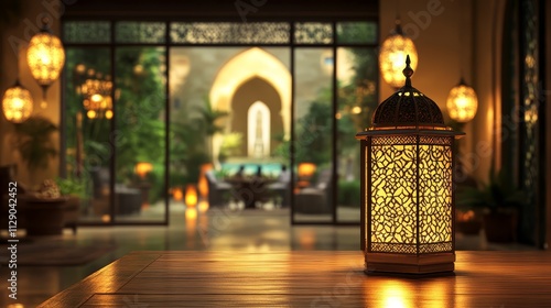 Illuminated lantern on wooden table, showcasing a luxurious Middle Eastern courtyard. photo