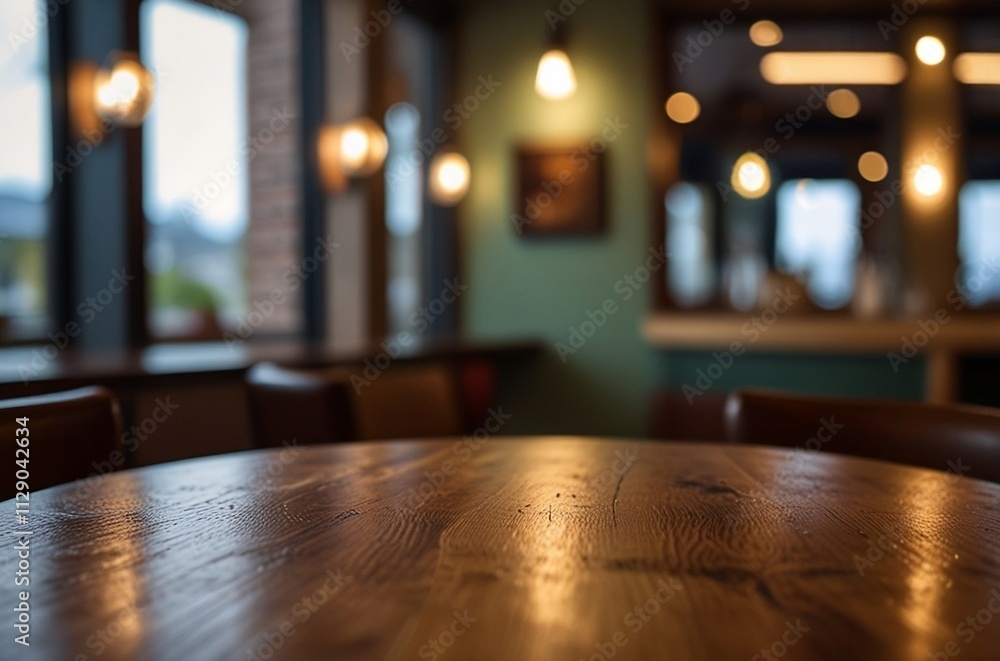 A warmly lit cafe interior featuring a large wooden table in soft focus, emphasizing a cozy and inviting atmosphere. Perfect for themes of relaxation, social gathering, or modern interior design. A warmly lit cafe interior featuring a large wooden table in soft focus, emphasizing a cozy and inviting atmosphere. Perfect for themes of relaxation, social gathering, or modern interior design.
