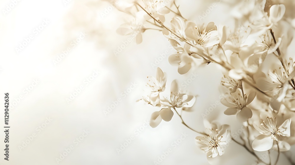 Delicate White Blossoms on Branch Soft Light Background Delicate White Blossoms on Branch Soft Light Background