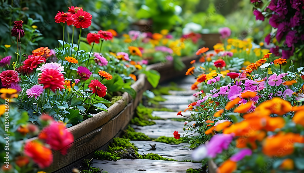 Fototapeta premium Blooming flower bed with vibrant colors and lush greenery, creating serene garden path. flowers include zinnias and other seasonal blooms, enhancing garden beauty