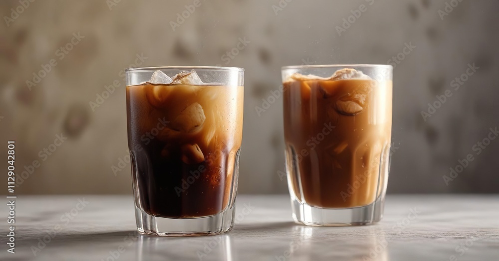 Iced coffee in glass, condensation on outside, afternoon, top view, condensation Iced coffee in glass, condensation on outside, afternoon, top view, condensation