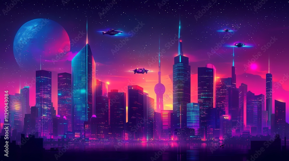 A vibrant futuristic cityscape with neon colors, flying vehicles, and a cosmic backdrop. A vibrant futuristic cityscape with neon colors, flying vehicles, and a cosmic backdrop.