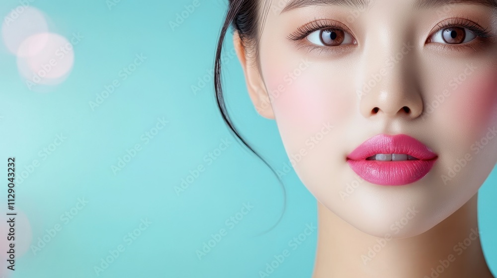 Close-up of a makeup artist applying lipstick with attention to detail, with soft pastel lights glowing from the vanity in the background, exuding a calm and refined atmosphere.