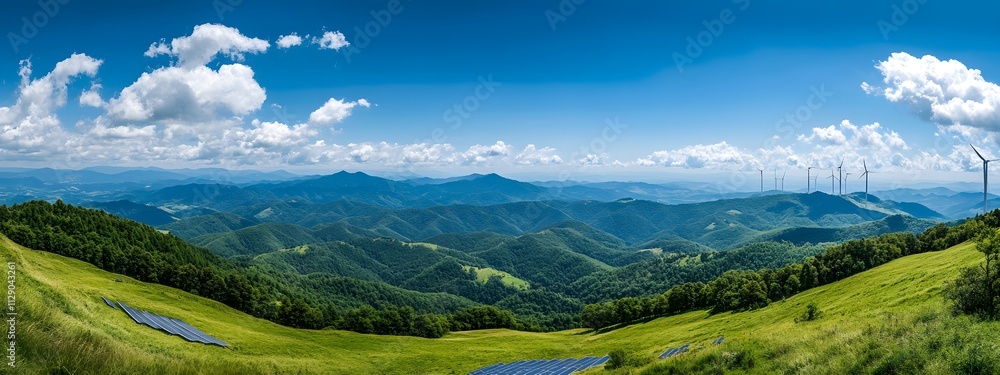 A landscape of green mountains and forests with solar panels on the ground, wind turbines in the background A landscape of green mountains and forests with solar panels on the ground, wind turbines in the background