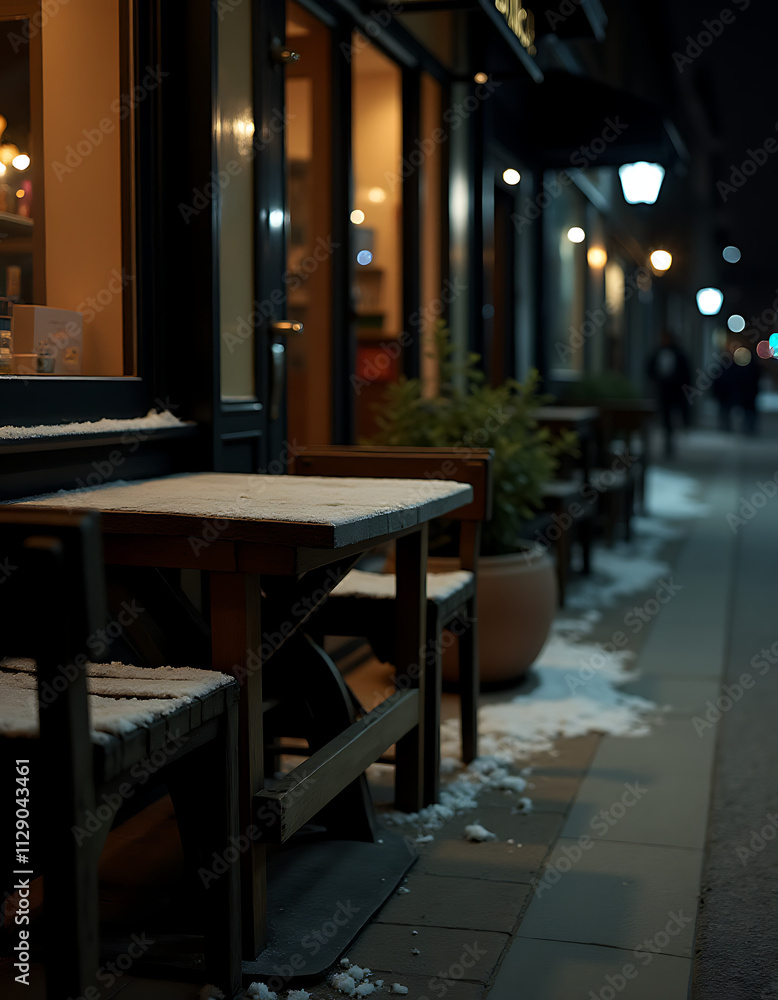 A weathered wooden table stood alone on a snowy street outside a quiet café at night in the city._00002_ A weathered wooden table stood alone on a snowy street outside a quiet café at night in the city._00002_