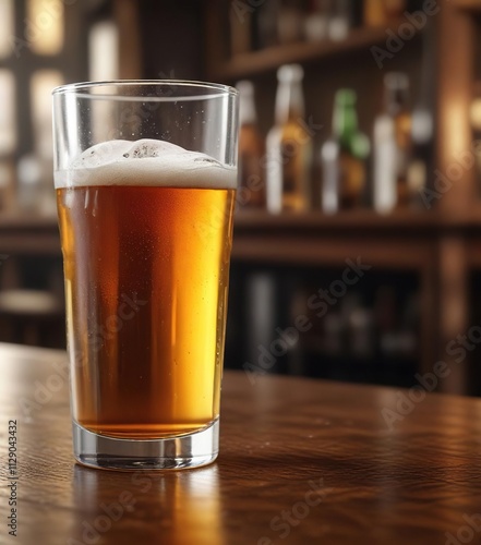 A half-full beer glass rests on a polished bar, condensation visible , interior, refreshment, tavern