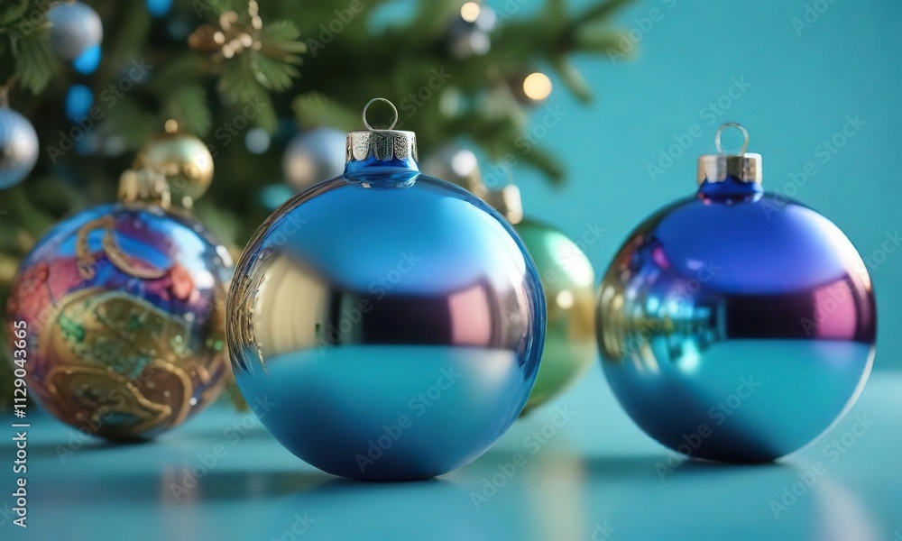 Iridescent glass Christmas ornaments on a sky blue background, pattern, snowflake Iridescent glass Christmas ornaments on a sky blue background, pattern, snowflake