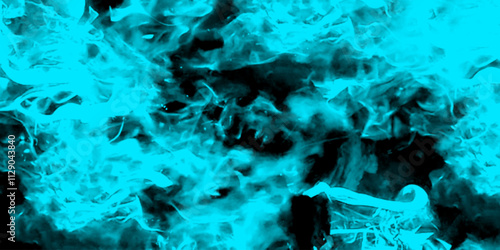 Whiffs of Blue glowing smoke and swirls of aromatic colorful incense against a Black background. Grunge image paint background texture wallpaper art frame