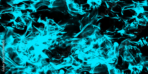 Whiffs of Blue glowing smoke and swirls of aromatic colorful incense against a Black background. Grunge image paint background texture wallpaper art frame