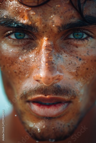 Close-up of a young man with striking blue eyes and sun-kissed skin showing water droplets on his face after swimming in the sea during a sunny summer day at the beach