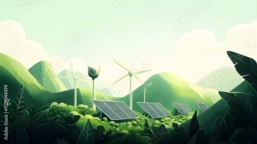 A landscape of green mountains and forests with solar panels on the ground, wind turbines in the background
