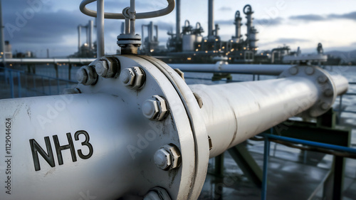 Industrial NH3 ammonia pipeline system at modern chemical processing facility. Close-up view of transportation infrastructure installation. Concept of alternative fuel and green energy transition