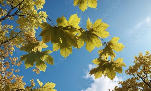 Large leaves of Fagus grandifolia float in the air against a bright blue sky , autumn leaves, forest background photo