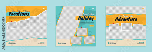 Set of travel business promotion web banner template design for social media. Travelling, tourism or summer holiday tour online marketing flyer, post or poster with abstract background and logo.