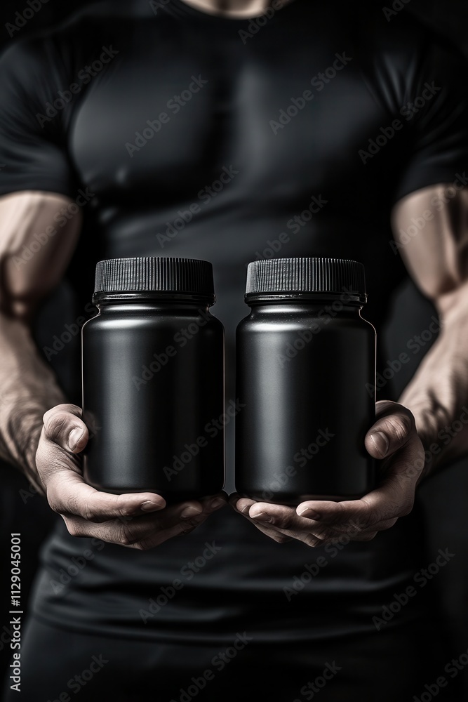 Man holding two black containers showcasing his muscular physique in a dimly lit environment Man holding two black containers showcasing his muscular physique in a dimly lit environment