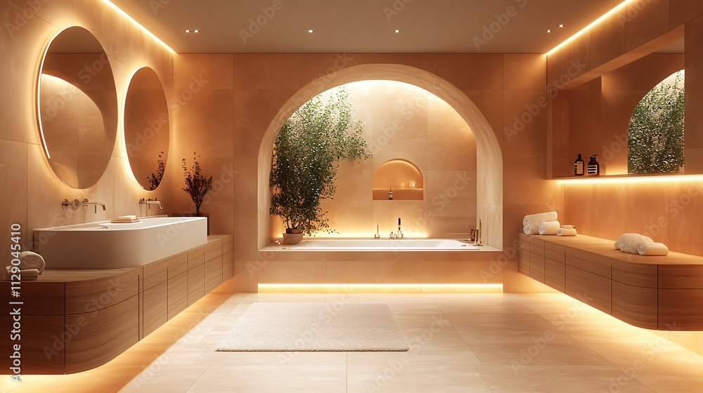 Modern Bathroom with Light Wood Accents and Arched Design Modern Bathroom with Light Wood Accents and Arched Design