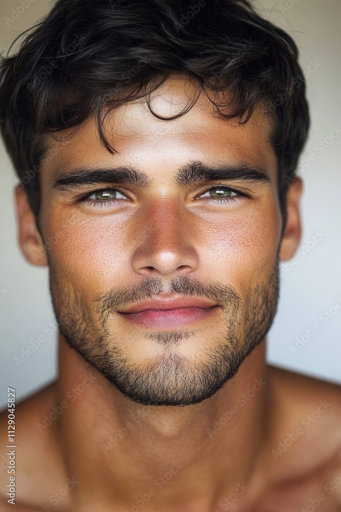 Handsome young man with striking features and confident expression enjoying a moment of stillness in natural light Handsome young man with striking features and confident expression enjoying a moment of stillness in natural light