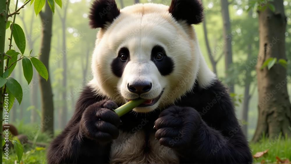 Fototapeta premium Cute panda eating bamboo in a lush forest environment