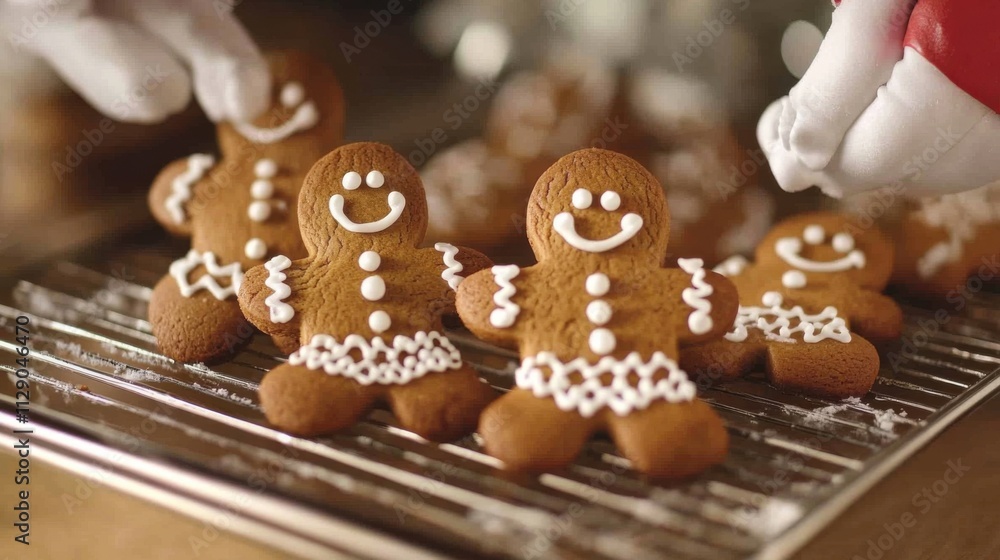 Gingerbread cookies being decorated with frosting Gingerbread cookies being decorated with frosting