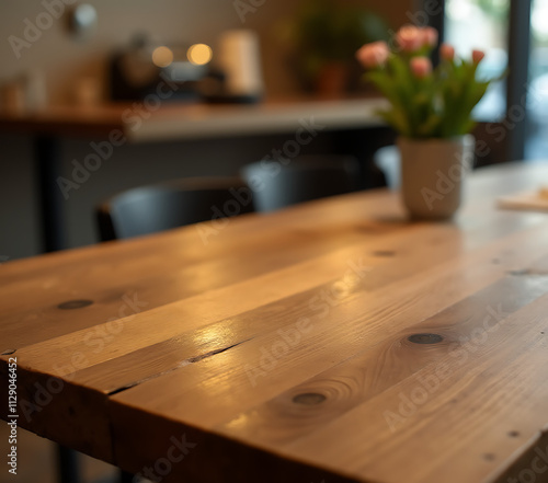 A rustic wooden tabletop complements a light gold tone in a cozy café or restaurant setting effectively._00001_ photo