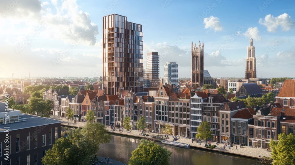 Modern high-rise building overlooking historic canal-side city. Modern high-rise building overlooking historic canal-side city.