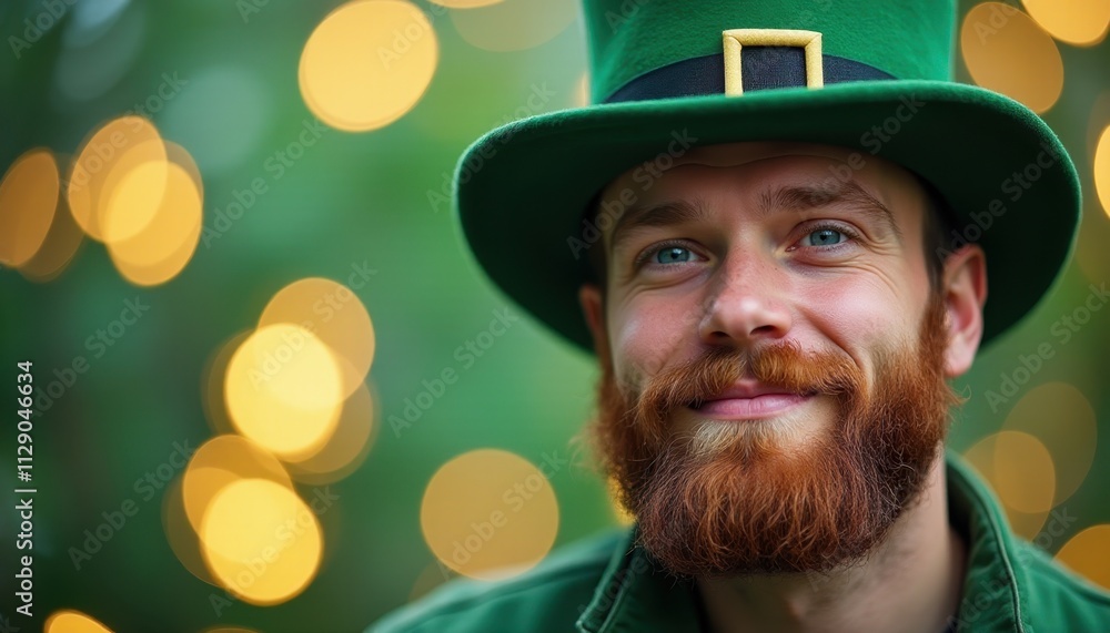 Man in green hat and coat with a red beard smiling, with blurred golden lights in the background.
Man in green hat and coat with a red beard smiling, with blurred golden lights in the background.
