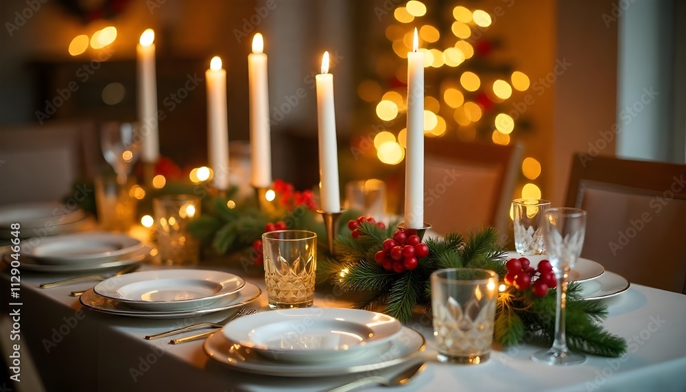 Elegant Christmas Table with Pine Garland Elegant Christmas Table with Pine Garland