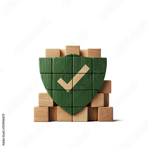 Protected by a secure shield as icon. Puzzle shields are made of wooden squares with a checkmark. Capital protect concept photo