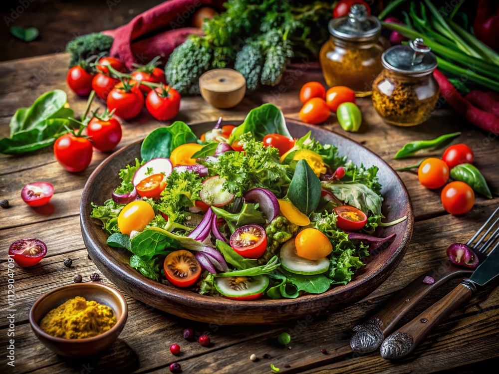 Low Light Photography of a Colorful Couscous Mixed Salad Served on a Rustic Wooden Table with Fresh Vegetables and Herbs, Capturing the Rich Textures and Warm Tones of the Dish Low Light Photography of a Colorful Couscous Mixed Salad Served on a Rustic Wooden Table with Fresh Vegetables and Herbs, Capturing the Rich Textures and Warm Tones of the Dish
