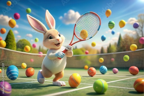 A cheerful bunny holds a tennis racket while swinging at a tennis ball among floating colorful eggs in a lush, sunny environment. The bright blue sky and green court create a joyful atmosphere full of