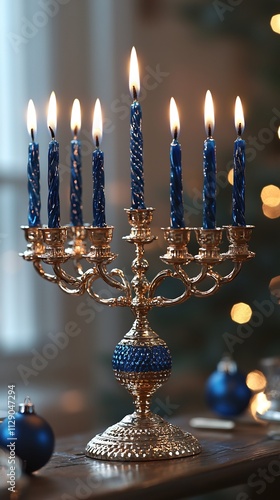 Beautiful Hanukkah dinner table with blue and silver decorations families gathered and the menorah shining brightly photo