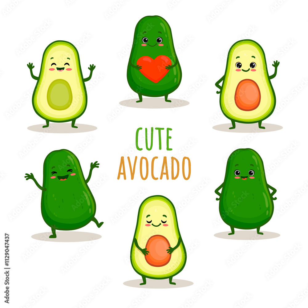 Fototapeta premium set of Cute cartoon avocado characters with emotions. Cute avocado with smile isolated on white background. Avocado in different poses. 