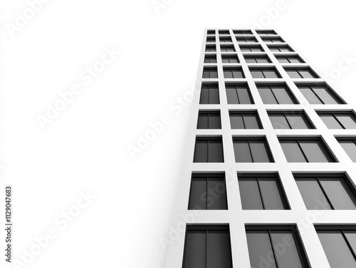 Vertical office tower blueprint, minimalist design, soft shadows on clean geometric lines, urban skyline integration, monochrome details