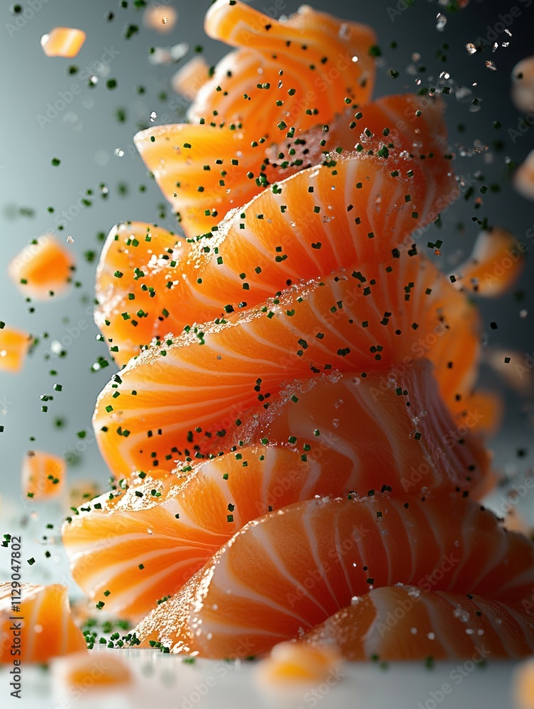 Fototapeta premium Salmon slices arranged in a spiraling tower with herbs creating an artistic culinary presentation in a bright kitchen environment