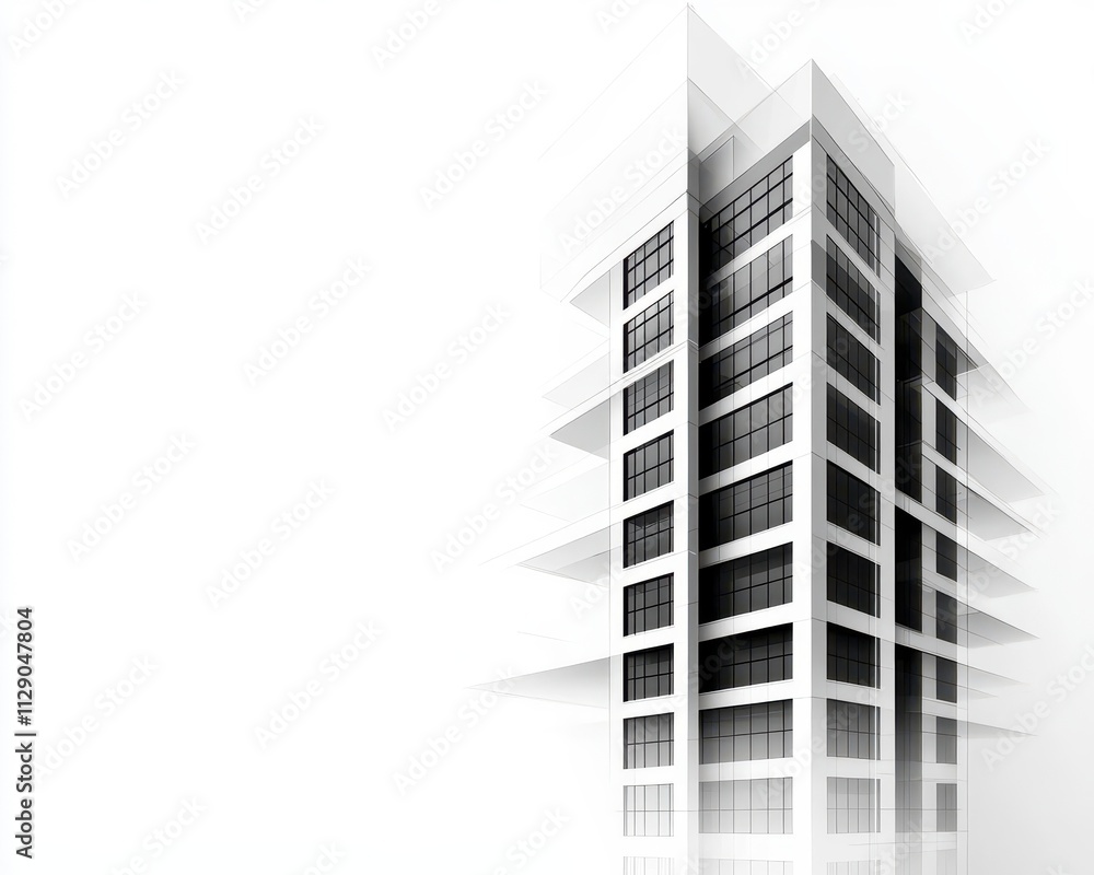 Detailed grayscale blueprint of office tower, minimalist urban concept, clean architectural rendering, innovative design elements Detailed grayscale blueprint of office tower, minimalist urban concept, clean architectural rendering, innovative design elements