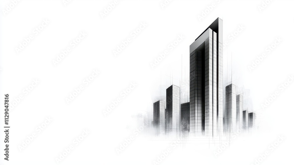 Fototapeta premium Clean office tower blueprint, modern minimalist style, ecofriendly features, conceptual urban design, grayscale sketch