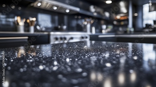 Sophisticated Granite Tabletop: Complex Black and Silver Pattern with Dramatic Lighting in a Blurred Professional Kitchen Setting, Perfect for Culinary Displays.