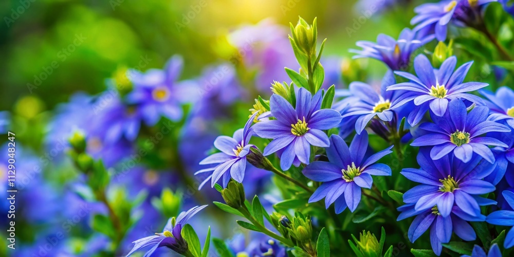 Lush Blue Fan Flowers (Scaevola aemula) in Bloom with Copy Space for Text, Showcasing Gudenium Annual Plants in a Bright Garden Setting Lush Blue Fan Flowers (Scaevola aemula) in Bloom with Copy Space for Text, Showcasing Gudenium Annual Plants in a Bright Garden Setting