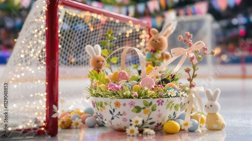 A vibrant Easter basket filled with colorful eggs and floral decorations sits beside a goal net on an ice rink. Adorable bunny figurines decorate the scene, adding a playful touch to the festive atmos