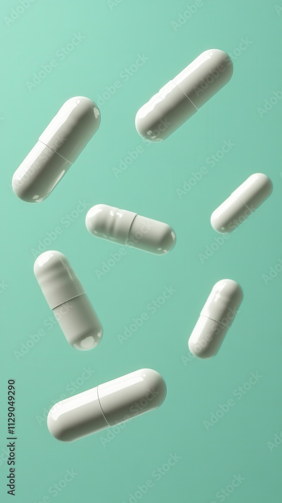 White capsules floating against a soft mint green background, creating a serene and modern visual effect typical of health and wellness themes White capsules floating against a soft mint green background, creating a serene and modern visual effect typical of health and wellness themes