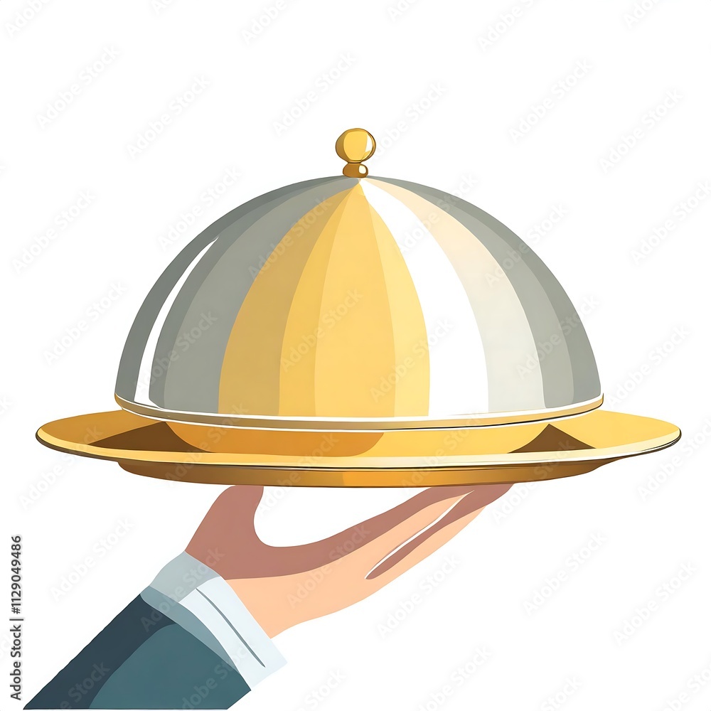 Fototapeta premium Hand holding Silver serving cloche raised above empty golden plate, cut out