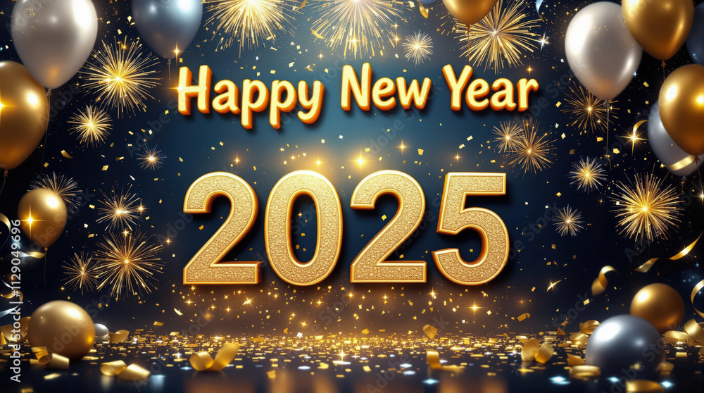 Fototapeta premium Festive New Year 2025 Greeting with Golden Glittery Numbers, Fireworks, and Balloons