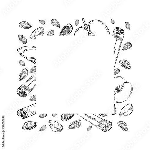 Almond nuts, apple slices and cinnamon sticks vector square frame painted by black inks. Seeds, fruits, seasoning ingredients monochrome illustration with empty space for text. For package design